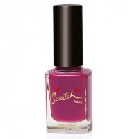 A bottle of pink nail polish with a black cap and the name 'Scratch' written on it.