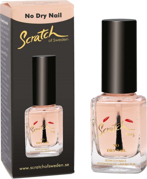 En flaska nagellack utan torrt lager från Scratch of Sweden, med svart kork och rosa vätska, bredvid sin box.