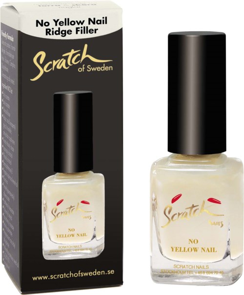 En svart og hvit eske ved siden av en klar neglelakkflaske med svart lokk, merket 'No Yellow Nail Ridge Filler.'