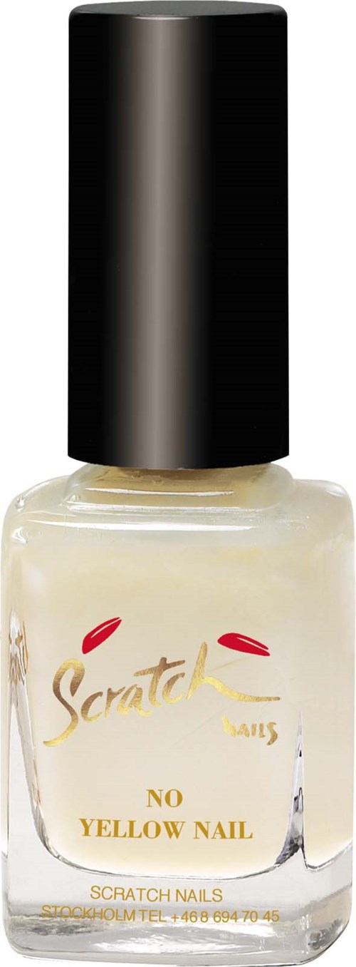En flaske neglelakk merket "No Yellow Nail" med svart lokk og gjennomsiktig glass som viser lakken inni.