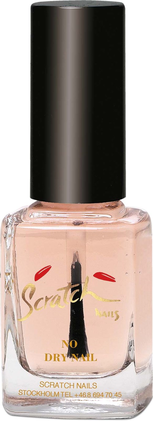 En liten glassflaske med lyserosa neglelakk med svart lokk, merket 'Scratch Nails' og 'No Dry Nail'