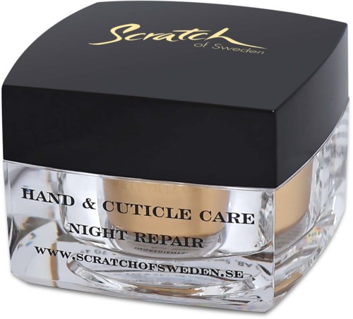 En burk med hand- och nagelbandsvård för nattreparation med svart lock och guldtext från Scratch of Sweden.