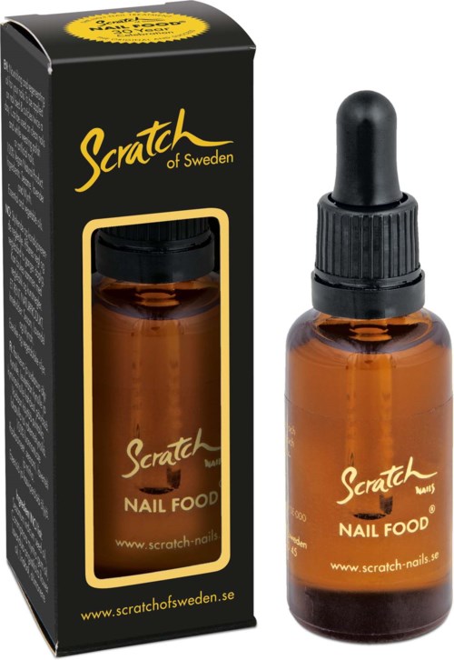 Kleine braune Flasche mit schwarzem Tropferdeckel, beschriftet 'Scratch Nail Food', neben einer schwarzen Verpackung. Für Nagelpflege.