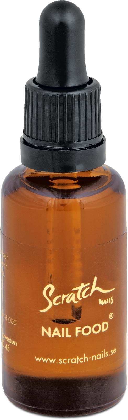 Kleine braune Flasche mit schwarzem Tropfenzwingen, beschriftet 'Scratch Nail Food'.