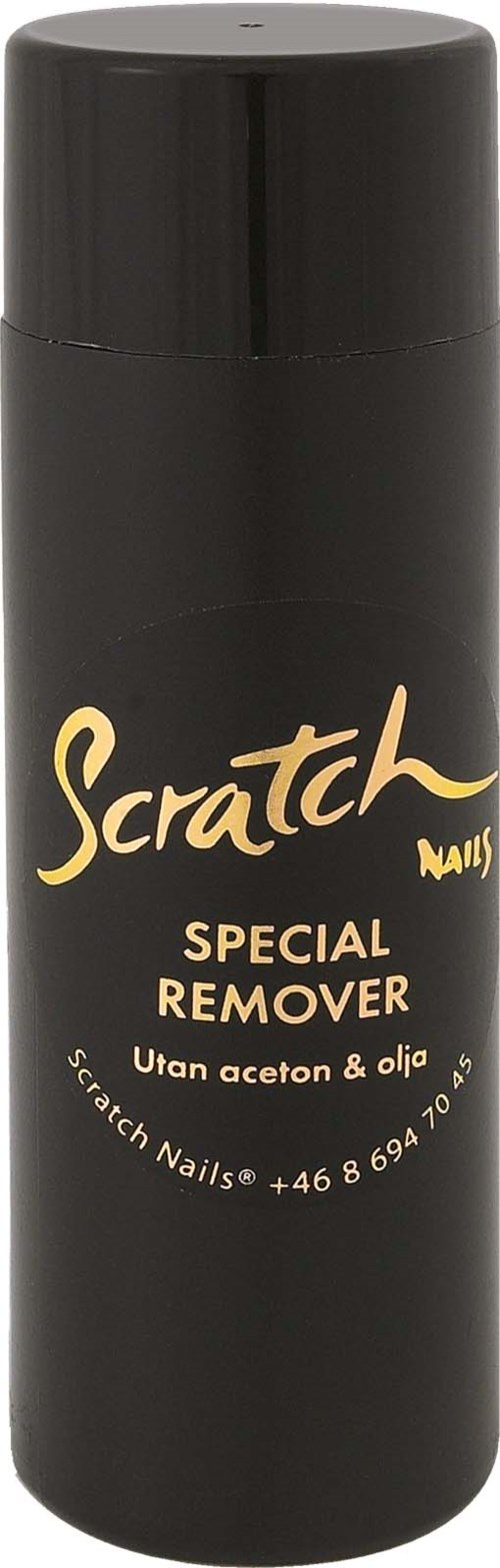 En svart sprayflaska märkt 'Scratch Nails Special Remover' med kontaktuppgifter för nagellacksborttagning.