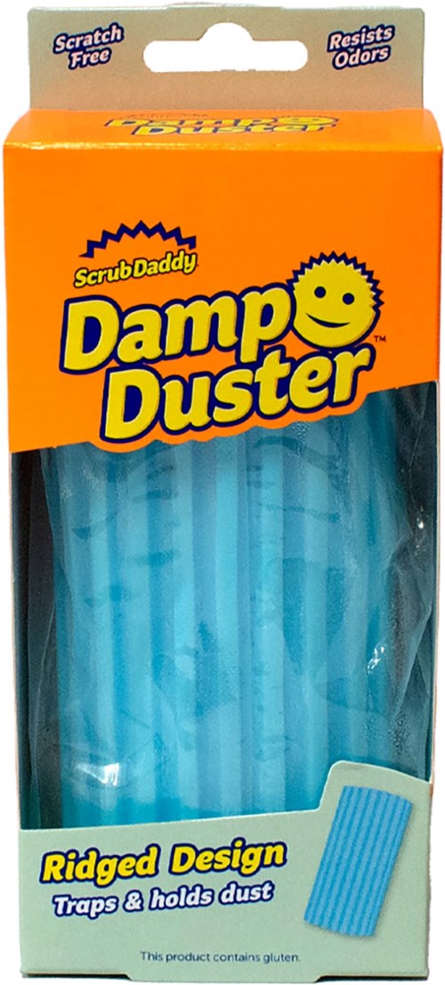 Pakkaus Damp Duster -tuotteelle, jossa on siniset uritetut puhallettavat liinat, merkattu naarmuuntumattomaksi ja hajuttomaksi.