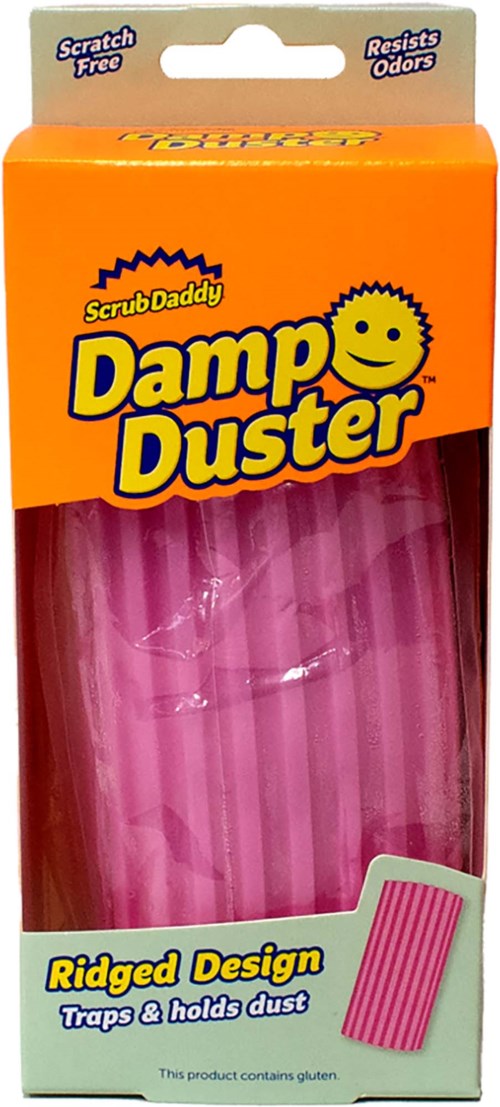Valkoinen pölyharja, jossa roosasribbinen harja, pakkaus nimeltä Damp Duster, kerää pölyn, vastustaa värejä.