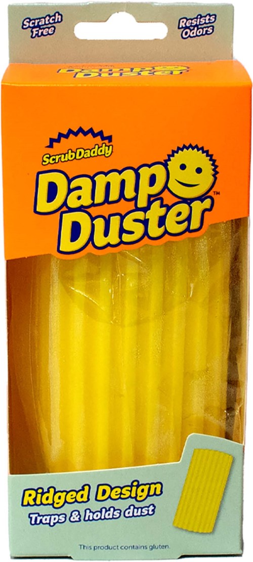 Keltainen Damm Duster oranssissa ja valkoisessa pakkauksessa, suunniteltu keräämään pölyä koven, kuorittavalla pinnalla.