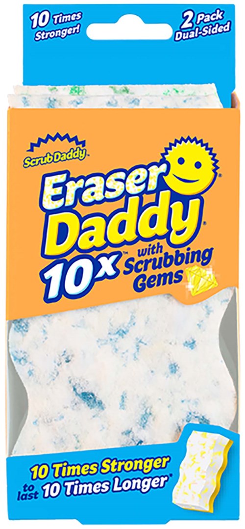 Laatikko tiskiharjasieniä, sininen ja valkoinen, nimeltä 'Eraser Daddy' hymiöllä, sisältää 10 pesusientä.