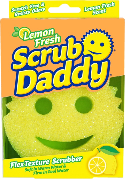 Bright packaging with a smiling lemon character and a yellow sponge scrubber for cleaning. Features text about freshness and cleaning.