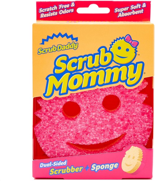 Valkoinen sieni, jossa on hymyilevä kasvot ja reiät, nimetty Scrub Mommy -tuotteeksi, kaksipuolinen harja ja sieni.