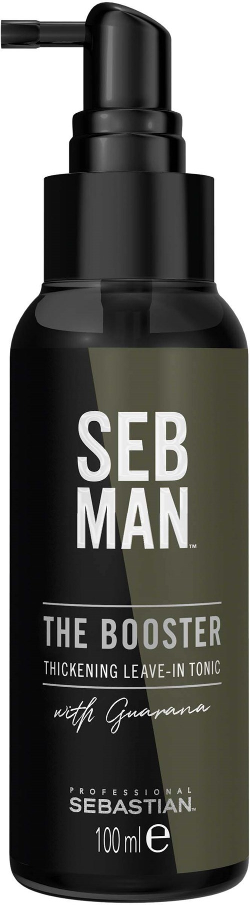 A black pump bottle labeled 'Seb Man The Booster' for thickening leave-in tonic with guarana. 100 ml.