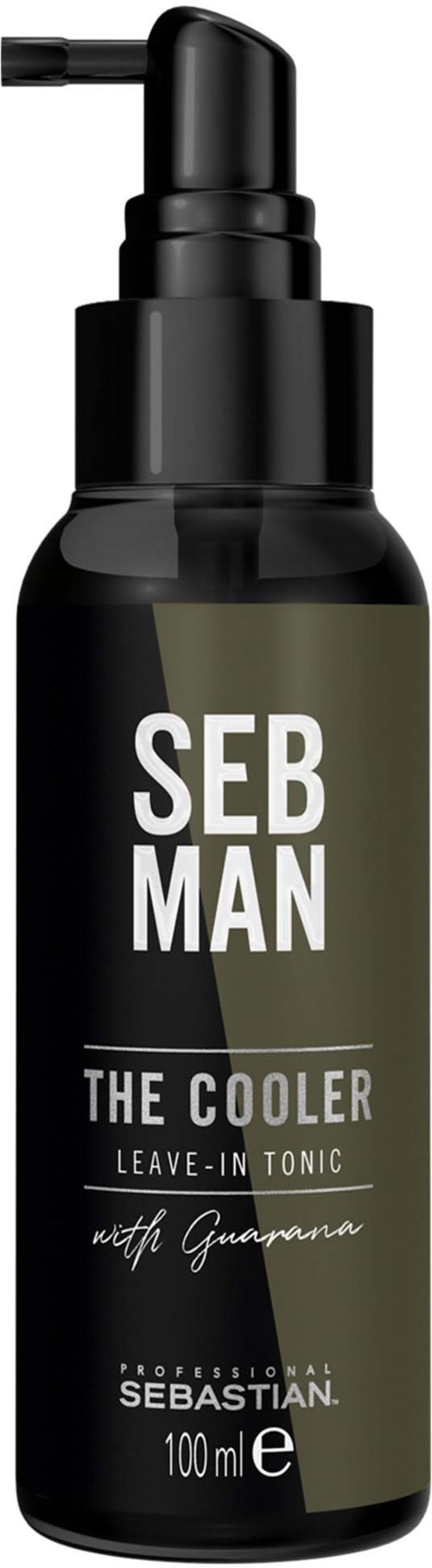 Een zwarte fles met pomp, labeled Seb Man The Cooler Leave-in Tonic met Guarana, maat 100 ml.