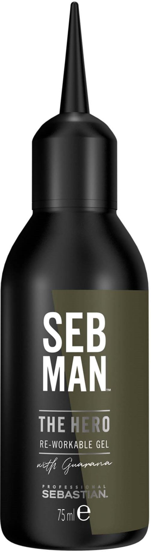 A black bottle with a pointed nozzle, labeled 'SEB MAN THE HERO' and 'RE-WORKABLE GEL.'