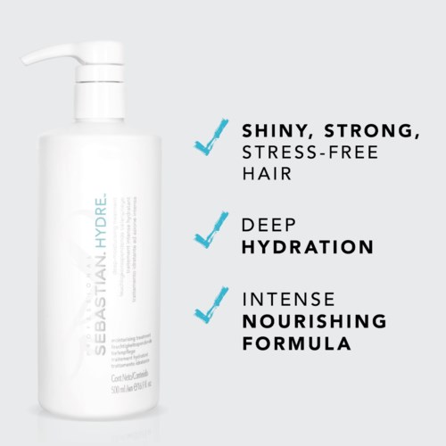 En vit flaska med pump, som marknadsför glänsande, starkt, stressfritt hår, djup återfuktning och näringsrik formula.