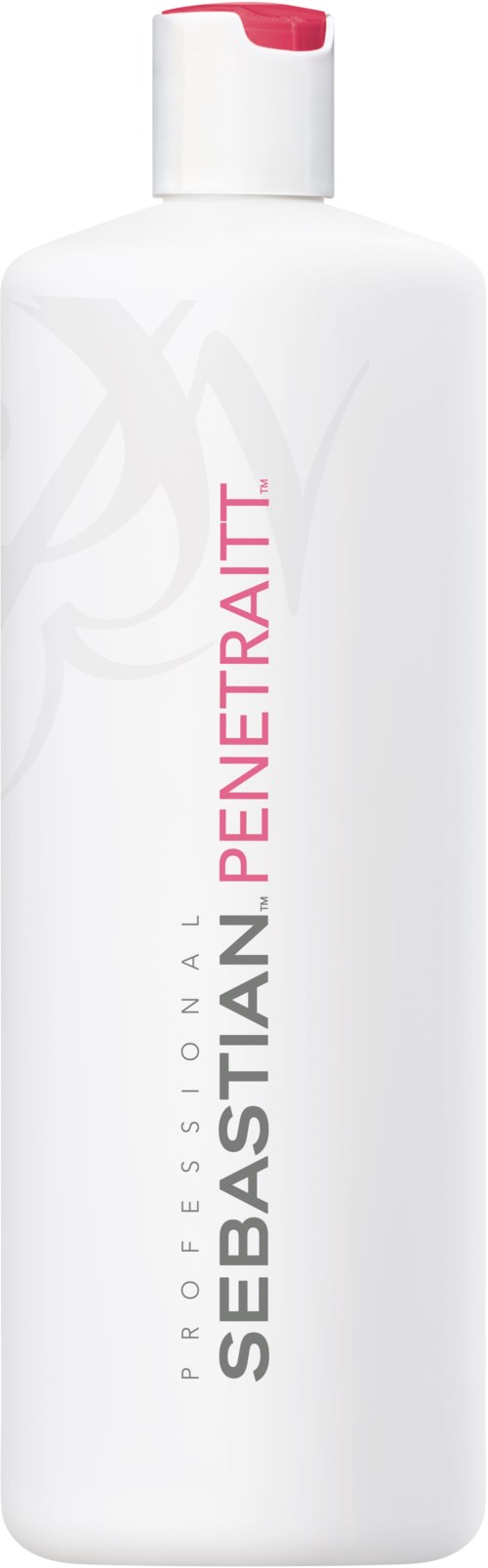 En lång vit flaska med rosa och svart text som säger Sebastian Professional Penetraitt.