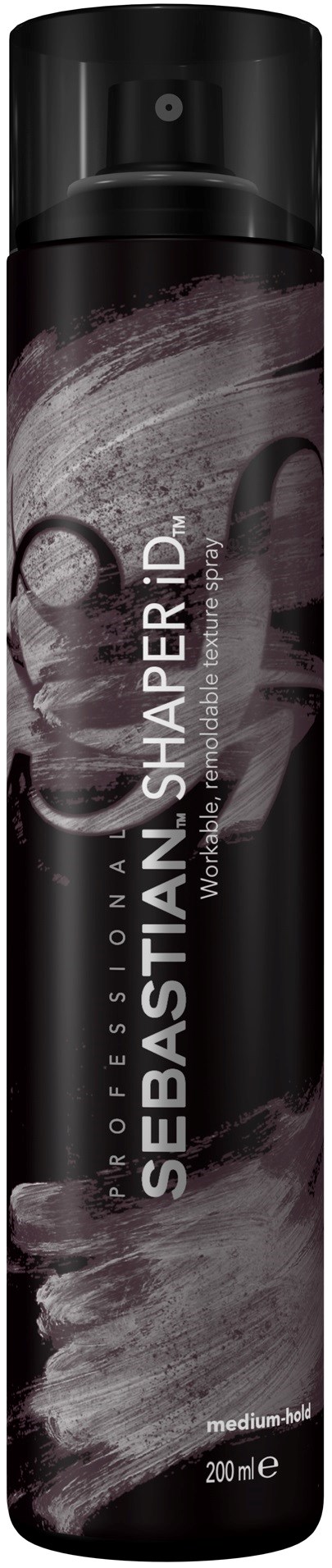 En svart sprayflaska med vita och rosa design, märkt 'Sebastian SHAPER.ID' för hårstyling, med medelhållning.