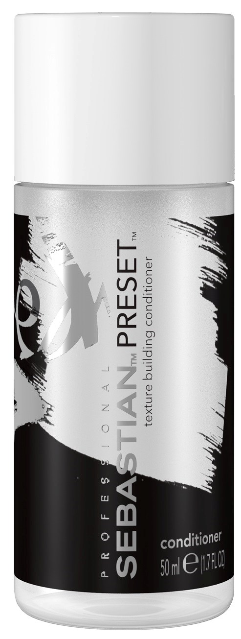 En vit flaska med svartvit etikett för Sebastian Professional balsam, med text och en stiliserad grafik.
