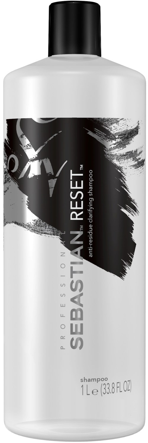 Weiße Shampoo-Flasche mit schwarzem Deckel, schwarzes abstraktes Gesicht-Design und die Aufschrift "Sebastian Reset".