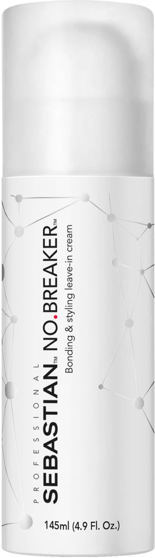 En vit sprayflaska märkt Sebastiane No.Breaker för limning, styling och vård för kvinnor, med vetenskapliga mönster.