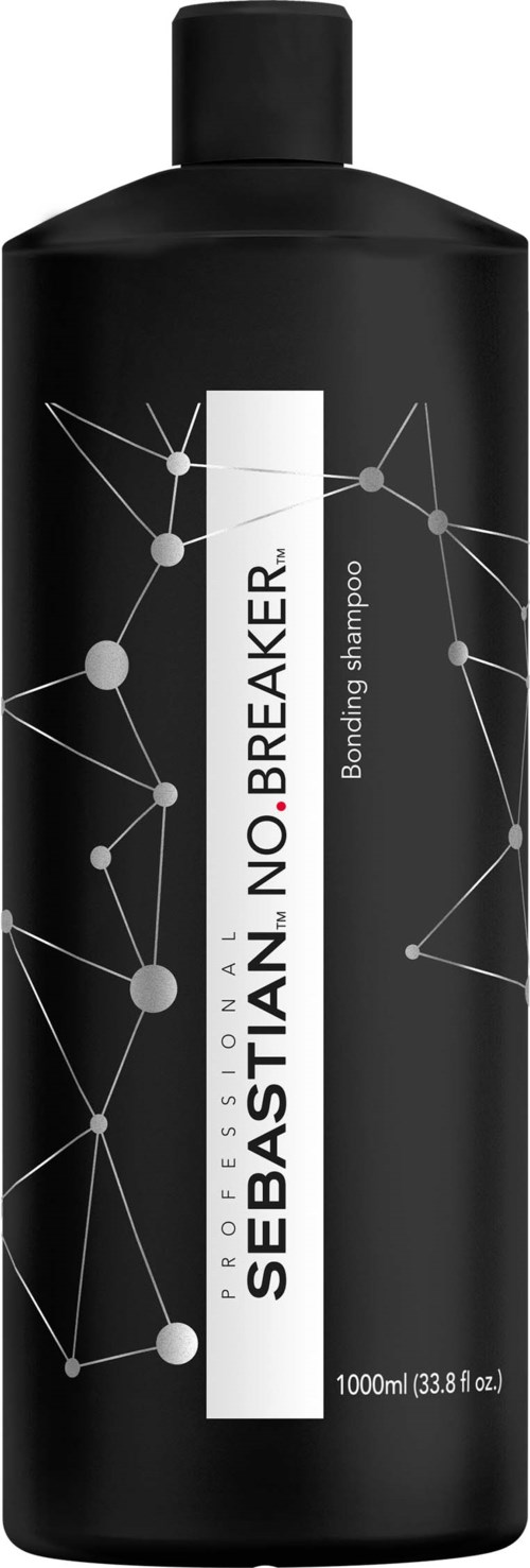 En svart flaske Sebastian No Breaker Bond Hair Shampoo med moderne design og nettverkslignende mønster.