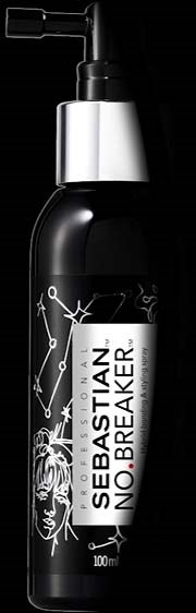 Eine schwarze Sprühflasche mit silberner Oberseite, beschriftet mit 'Sebastian No.1 Breaker' und dekorativem Linienkunst auf dem Etikett.