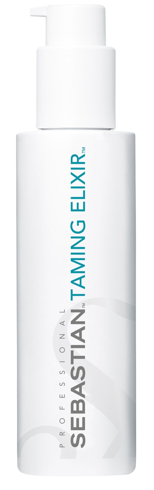 En vit flaska med pump, märkt Sebastian Taming Elixir, används för hårvård eller styling.