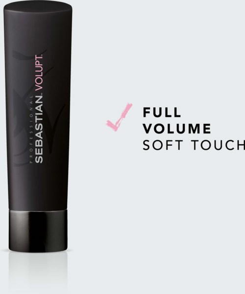 A black tube with pink and white text, promoting Sebastian Volupt hair product for full volume and soft touch.