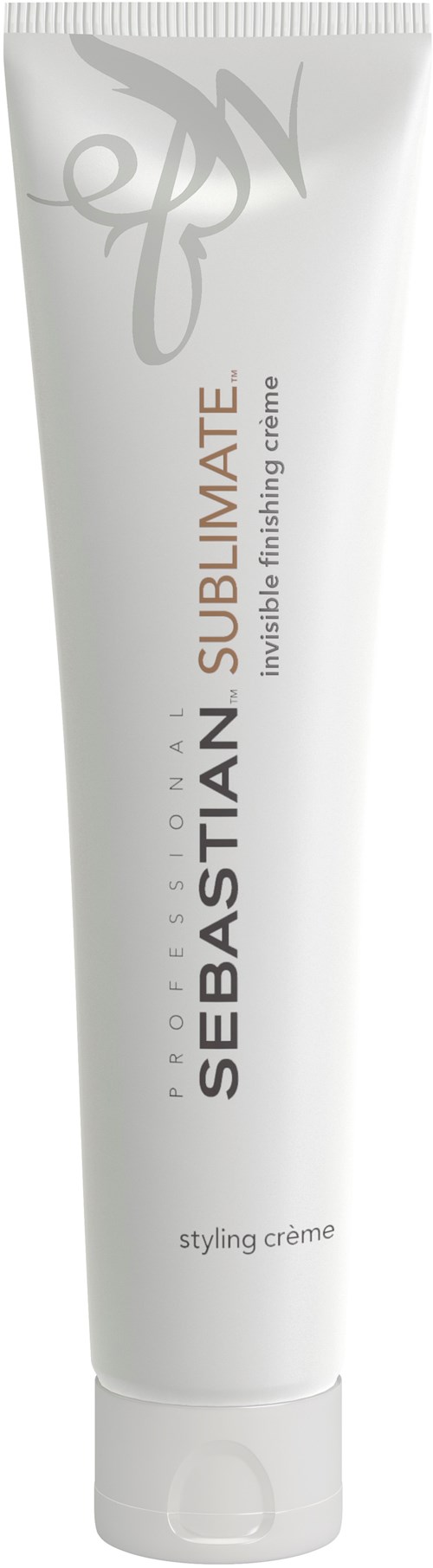 En hvit tube med Sebastian Sublimate stylingkrem, med svart og brunt tekst og logo på forsiden.