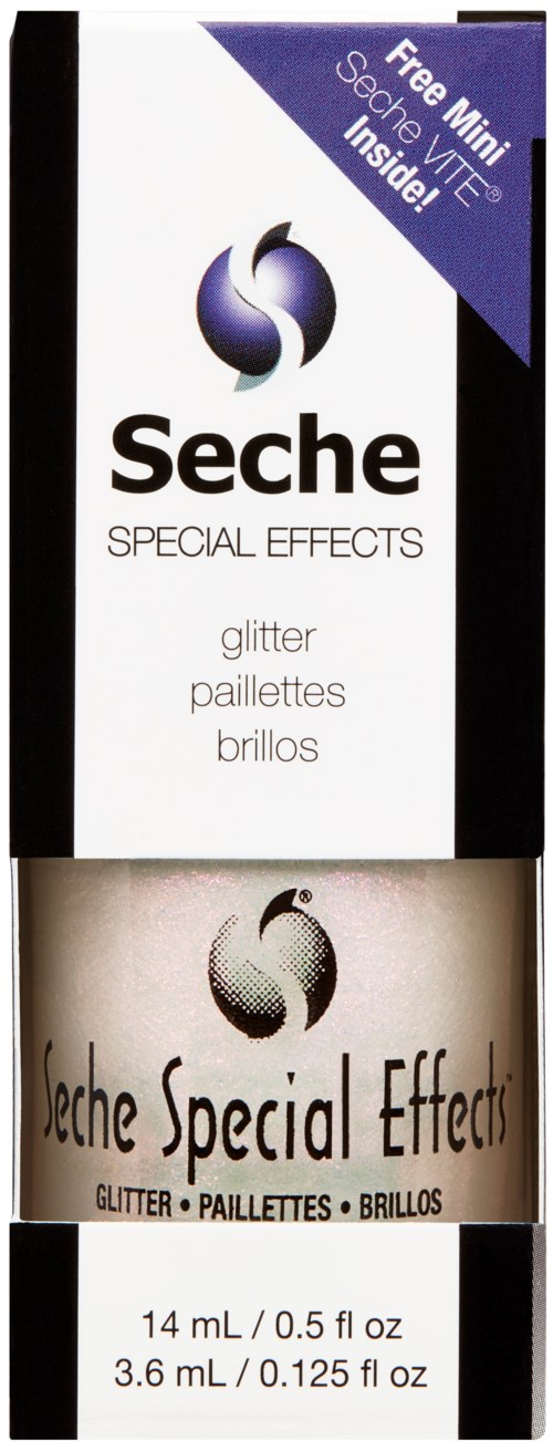 En kosmetisk produkt vid namn Seche Special Effects, med glitter, i en rektangulär förpackning med svarta, vita och lila detaljer.