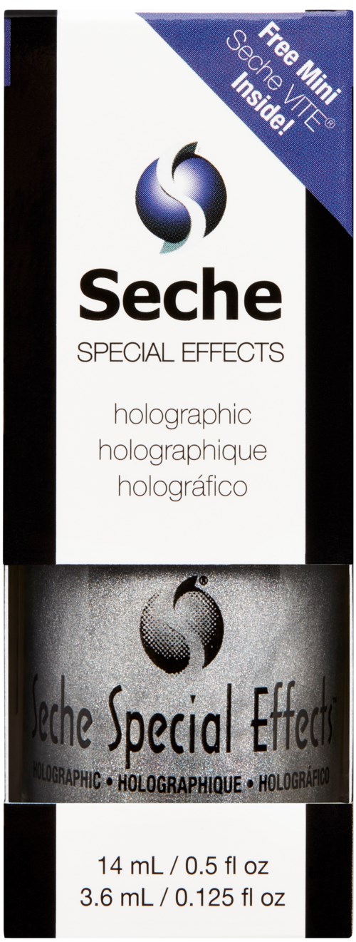 En låda med Seche Special Effects holografiskt nagellack, med en liten behållare synlig längst ner.