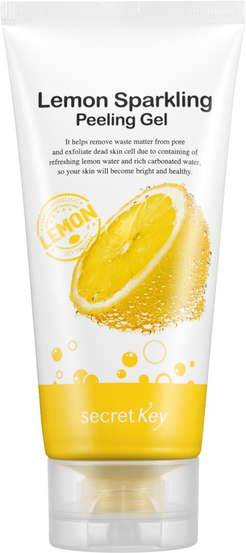 Lemon sparkling peeling gel med en citronbild och gul vätska längst ner. Text beskriver dess fördelar.