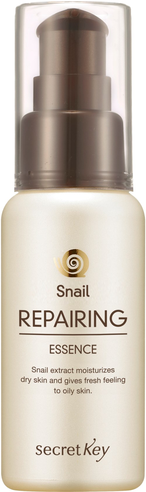 En liten, vit flaska med pump som är märkt 'Snail Repairing Essence'. Den används för att återfukta huden.