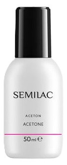 Biały lakier do paznokci z czarną nakrętką. Na etykiecie jest napisane 'SEMIAC', 'ACETON' i '50 ml'.