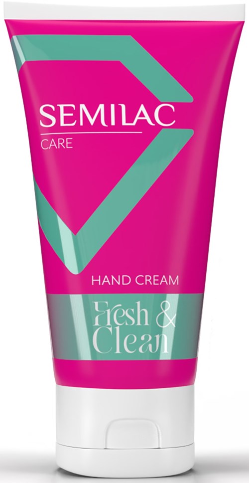 Pink tube mærket 'Semilac Care Hand Cream' med grønne og hvide designelementer.