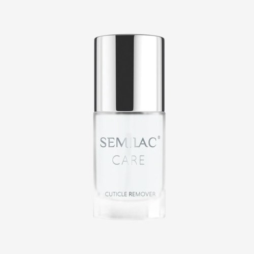Eine kleine weiße Flasche mit schwarzem Deckel, gekennzeichnet Semilac Care Cuticle Remover.