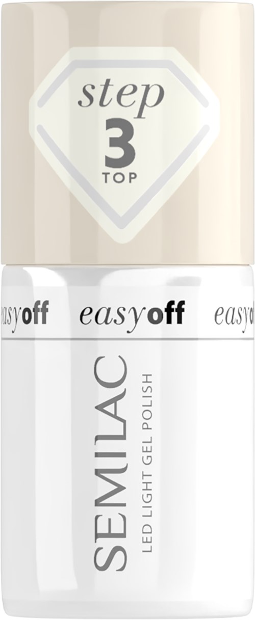A bottle of Semilac LED gel polish with three steps, labeled as top coat at step 3, easy to use.