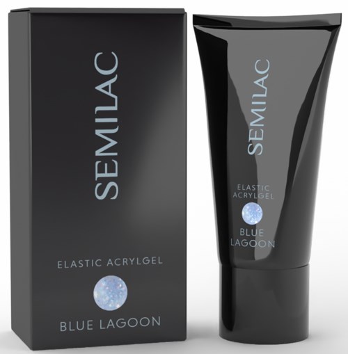 En sort æske og tube med grå og blå tekst til Semilac elastisk akrylgel i Blue Lagoon duft.