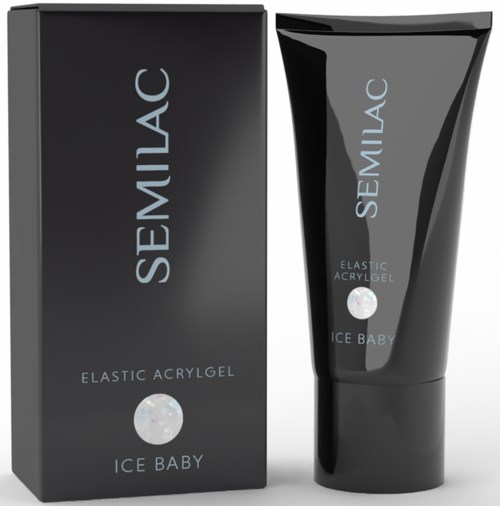 Czarne opakowanie i tubka Semilac Elastic Acrylic Gel Ice Baby, produktu do paznokci, z prostym szarym i białym tekstem.