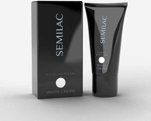 Czarne pudełko i tubka SEMILAC White Cream elastyczny żel akrylowy do paznokci.