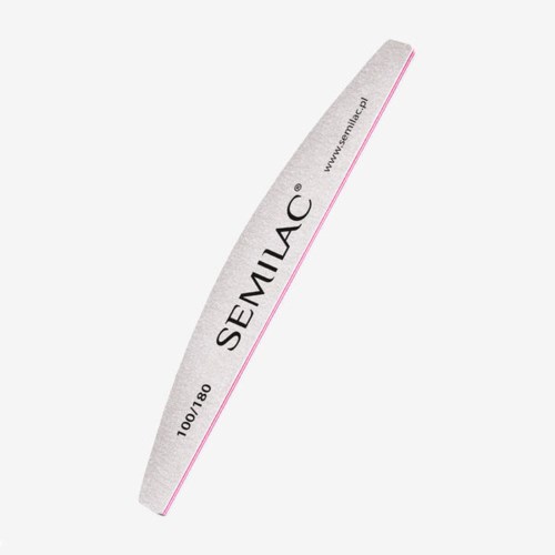 Eine weiße Nagelfeile mit schwarzem Text und einem kleinen Website-Link. Sie hat eine rosa Linie an einer Seite.