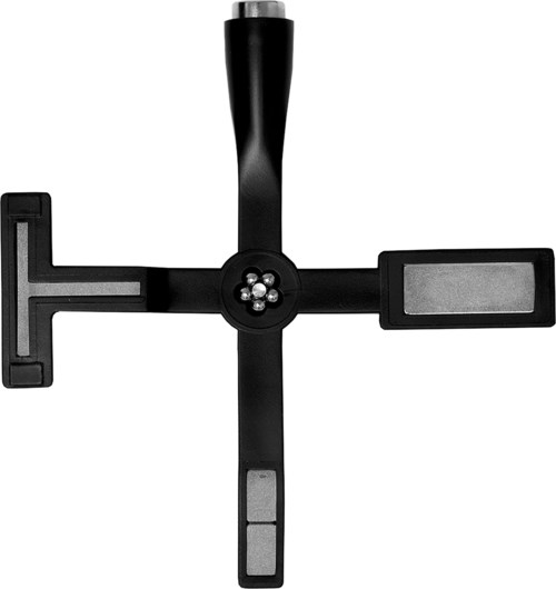 A black four-arm object with different tools attached, possibly a multi-tool or part of a device.