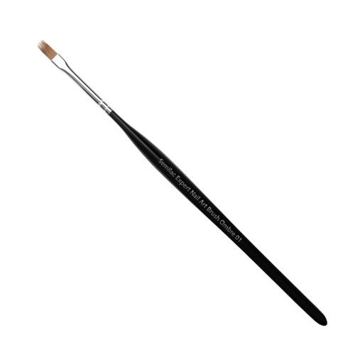 En lille makeup-børste med sort skaft og brune børster, mærket 'Semilac Expert Nail Art Brush'.