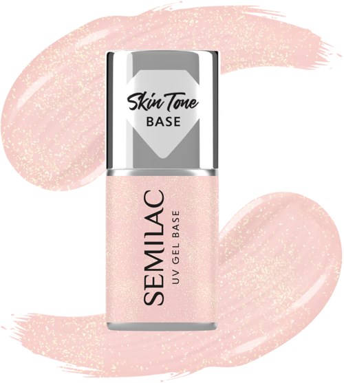 Hudtone gelbasprodukt, pink farve, flaske med sølvhætte, mærket Semilac, med blid pink baggrund.