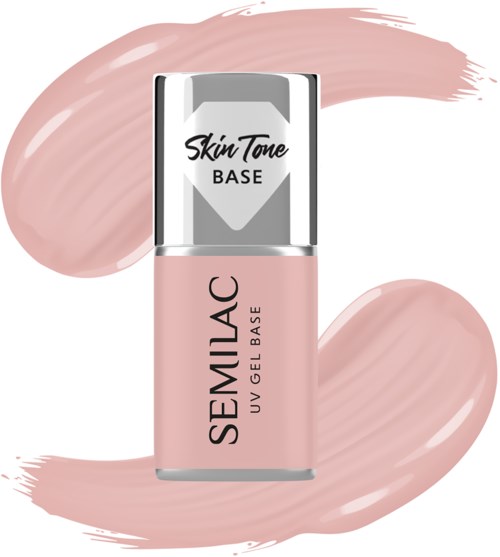 En pink neglelakflaske mærket 'Semilac UV Gel Base' med bløde lyserøde penselstrøg i baggrunden.