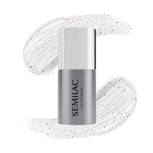 Een grijze cosmetica fles met een zilveren deksel, omringd door witte crème met gekleurde stippen. Fles met het label 'SEMLAC'.