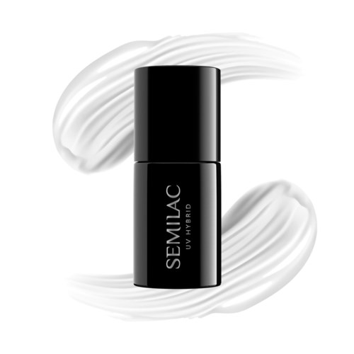 En sort cylindrisk flaske med hvid tekst, omgivet af hvide cremvæv, mærket 'SEMILAC UV HYBRID'.