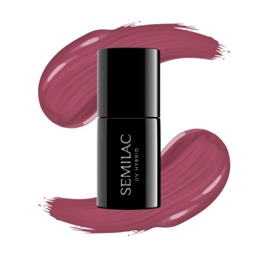 En sort flaske mærket 'SEMIJAC UV HYBRID' med lyserøde makeup-streger bagved.