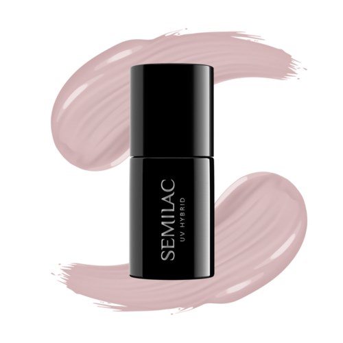 A black bottle labeled 'SEMILAC UV HYBRID' with pinkish swirls around it.