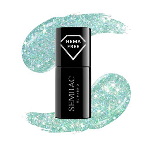 En sort neglelakflaske med mærket "SEMIJAC UV HYBRID" med en glitrende baggrund og en "HEMA FREE" logo.